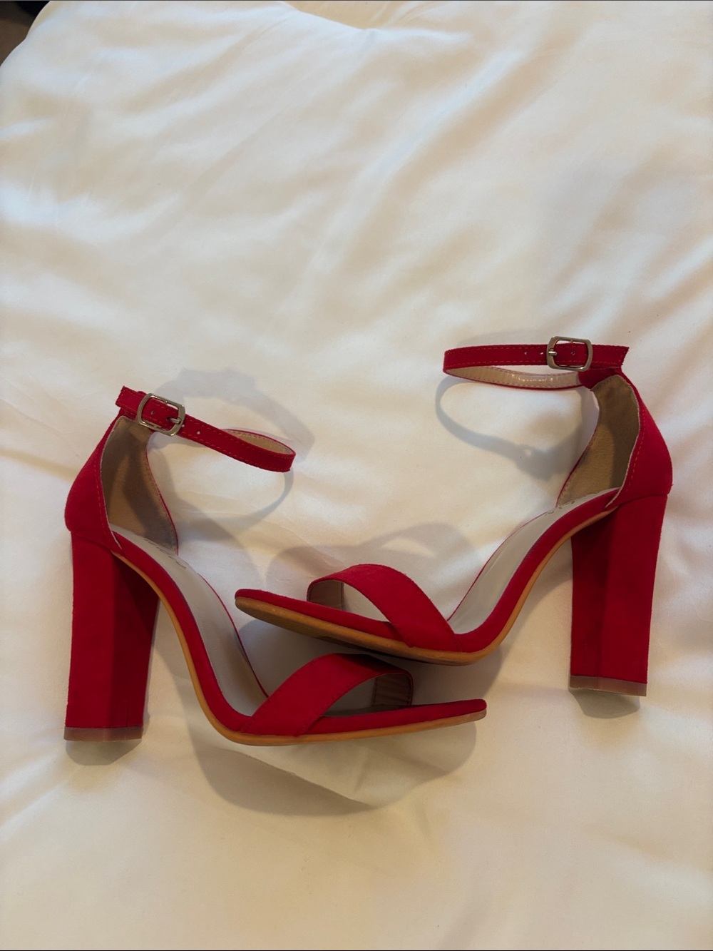 Red Suede Block Heel Ankle Strap Sandals